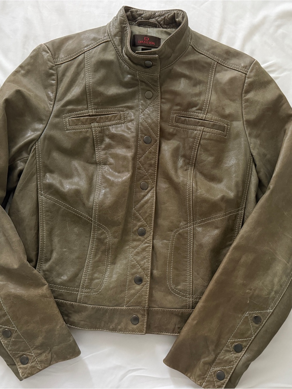 Danier Olive Leather Snap-Front Moto Jacket